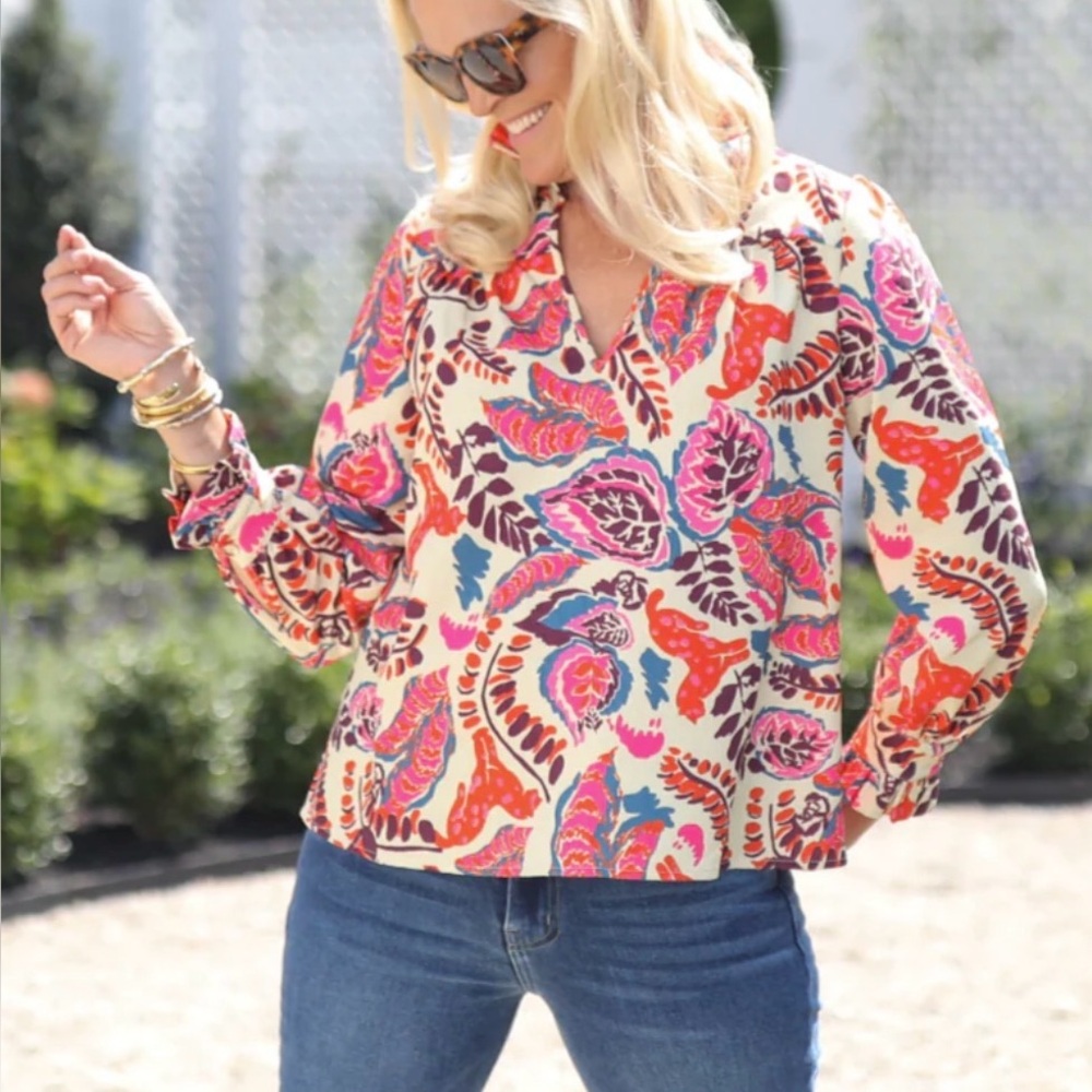 Cream V-Neck Blouse with Pink & Orange Floral Print